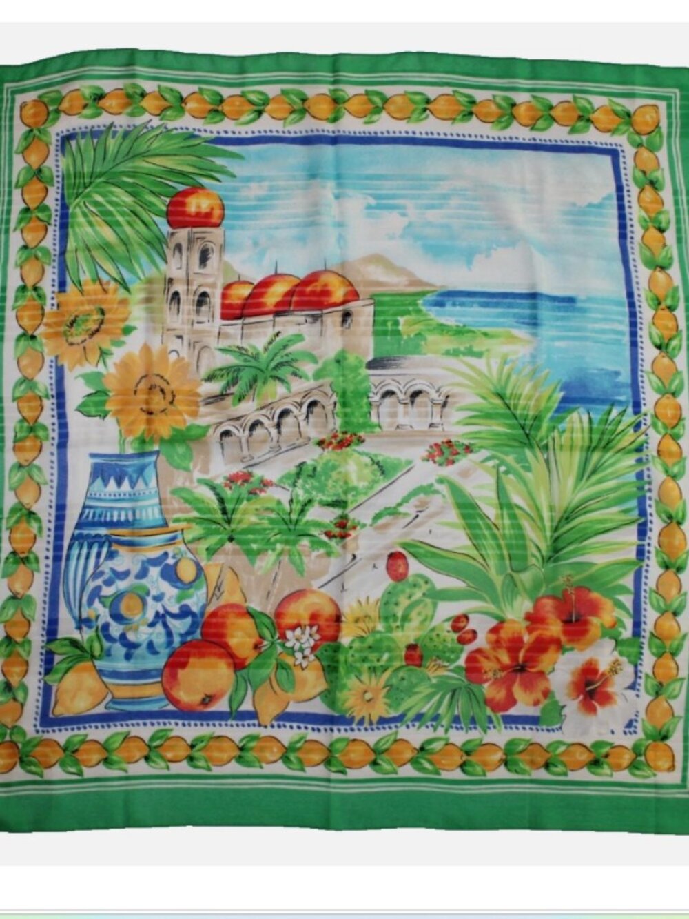 Mediterranean Coastal Souvenir Scarf Green Yellow Fruit Lemons 32 x 32 inch
